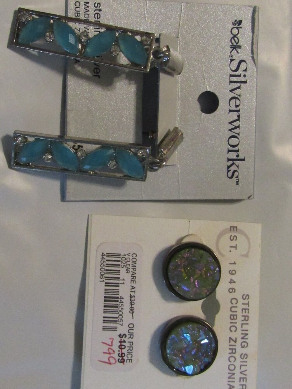 Lot 2 Pair New on Card Sterling Silver 925 CZ PIERCED EARRINGS Belk Silverworks